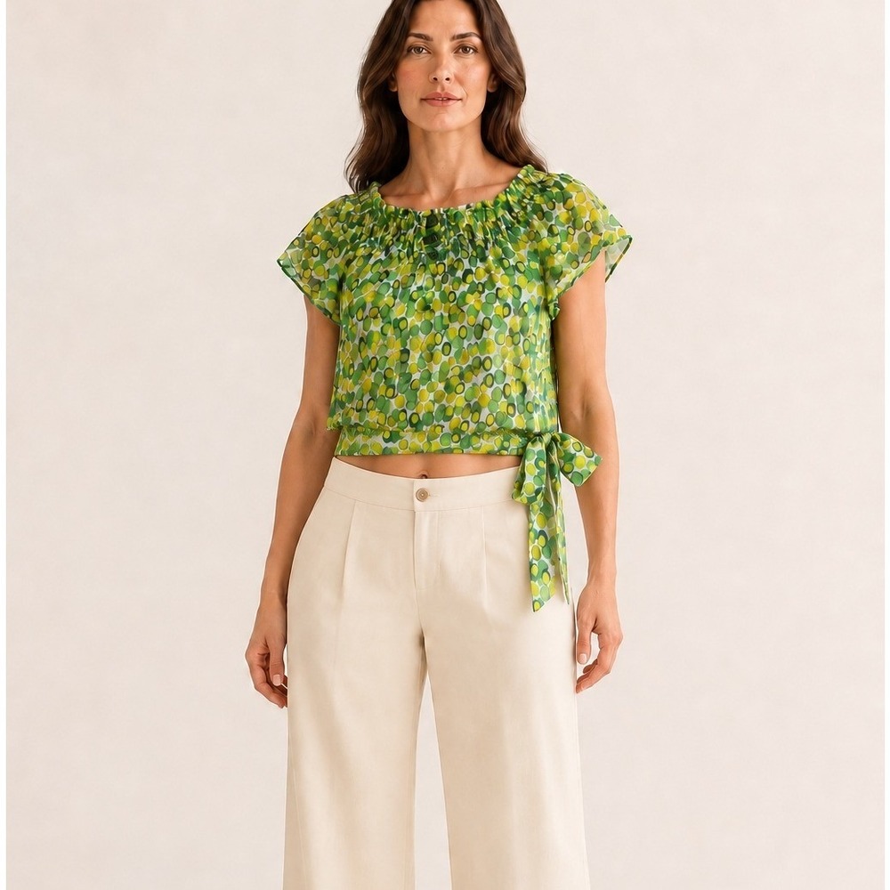 Zara Basic Womens 100% Silk Green Yellow Abstract Dot Off Shoulder Tie Blouse L